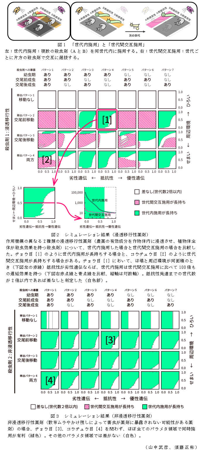 図1 「世代内施用」と「世代間交互施用」;図2 シミュレーション結果(浸透移行性薬剤);図3 シミュレーション結果(非浸透移行性薬剤)