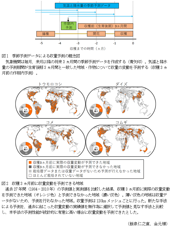 図1 季節予測データによる収量予測の概念図,図2 収穫3ヵ月前に収量変動を予測できる地域