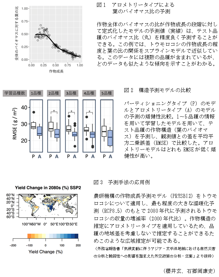 図1  アロメトリータイプによる葉のバイオマス比の予測,図2 構造予測モデルの比較,図3 予測手法の応用例