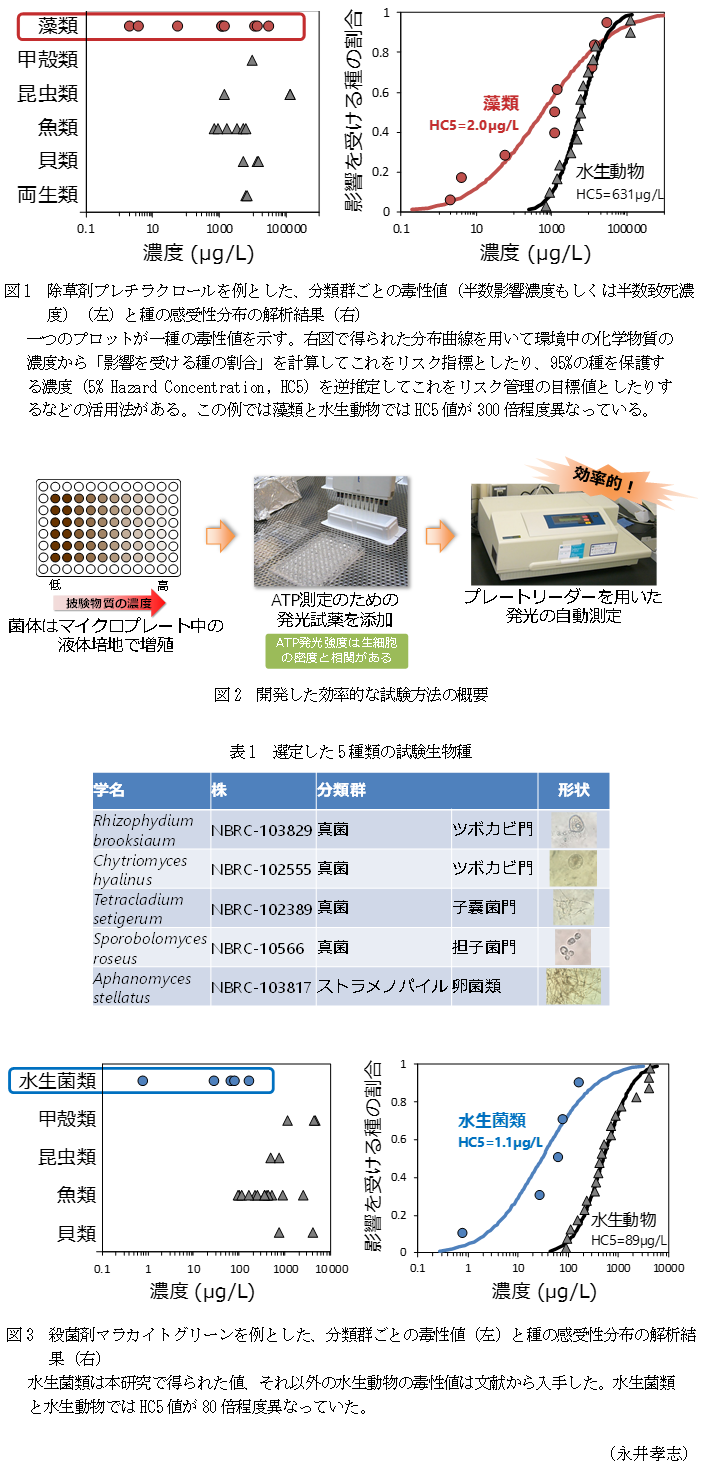 図1 除草剤プレチラクロールを例とした、分類群ごとの毒性値(半数影響濃度もしくは半数致死濃度)(左)と種の感受性分布の解析結果(右),図2 開発した効率的な試験方法の概要,表1 選定した5種類の試験生物種,図3 殺菌剤マラカイトグリーンを例とした、分類群ごとの毒性値(左)と種の感受性分布の解析結果(右)