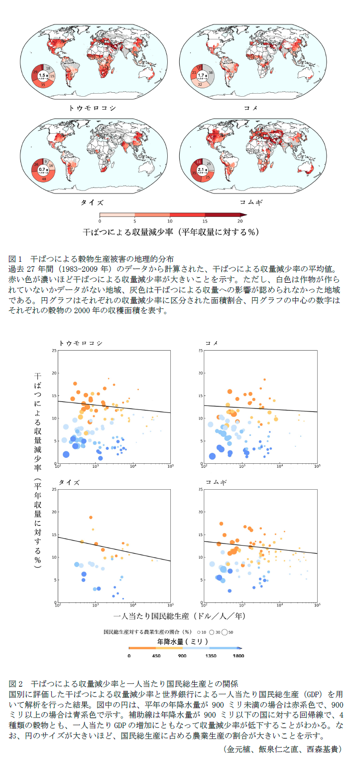 図1 干ばつによる穀物生産被害の地理的分布,図2 干ばつによる収量減少率と一人当たり国民総生産との関係