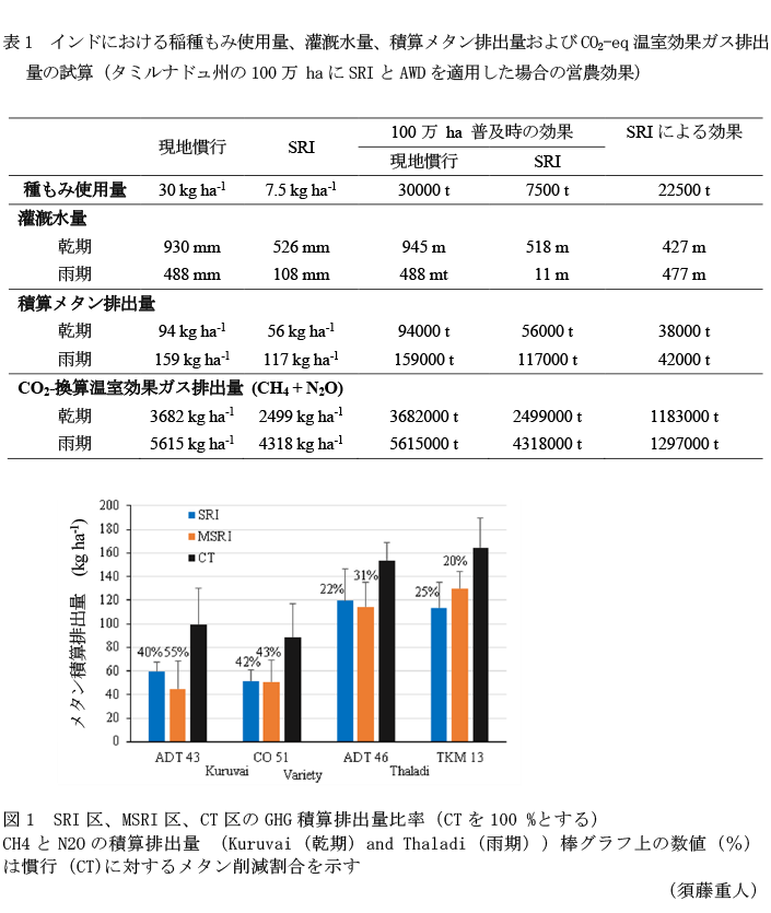 表1 インドにおける稲種もみ使用量、灌漑水量、積算メタン排出量およびCO2-eq温室効果ガス排出量の試算(タミルナドュ州の100万 haにSRIとAWDを適用した場合の営農効果),図1 SRI区、MSRI区、CT区のGHG積算排出量比率(CTを100 %とする)