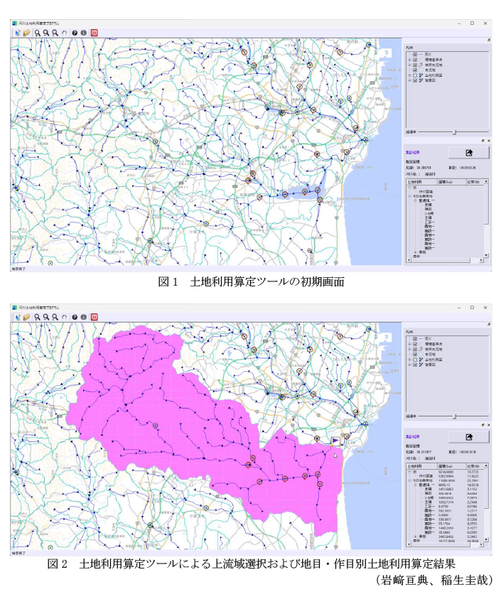 図1 土地利用算定ツールの初期画面,図2 土地利用算定ツールによる上流域選択および地目・作目別土地利用算定結果