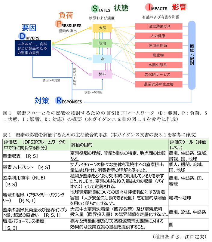 図1 窒素フローとその影響を検討するためのDPSIRフレームワーク(D:要因、P:負荷、S:状態、I:影響、R:対応)の概要,表1 窒素の影響を評価するための主な統合的手法