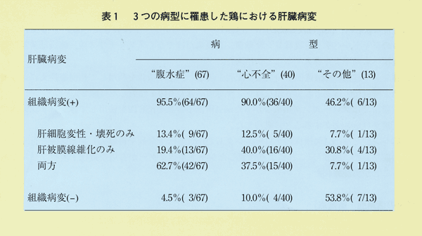 表1 3つの病型に罹患した鶏における肝臓病変