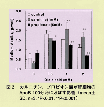 図2 カルニチン、プロピオン酸が肝細胞のApoB-100分泌に及ぼす影響