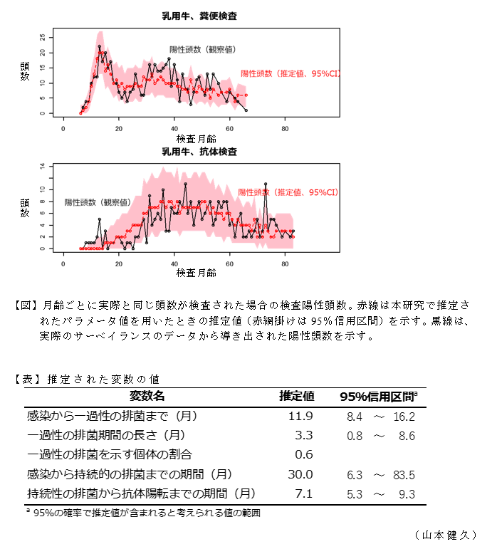 【図】月齢ごとに実際と同じ頭数が検査された場合の検査陽性頭数;【表】推定された変数の値