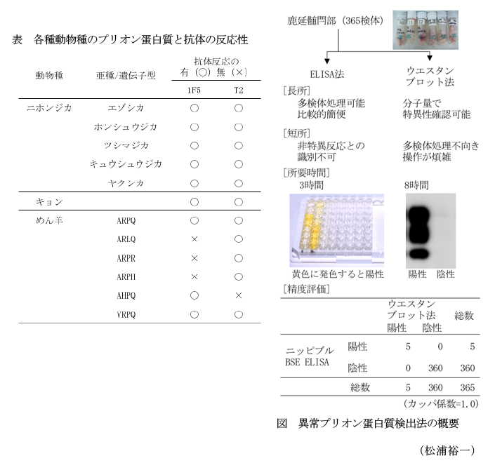 表 各種動物種のプリオン蛋白質と抗体の反応性,図 異常プリオン蛋白質検出法の概要