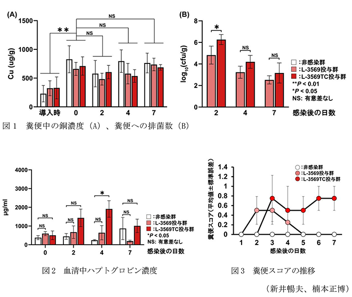 図1 糞便中の銅濃度(A)、糞便への排菌数(B),図2 血清中ハプトグロビン濃度,図3 糞便スコアの推移