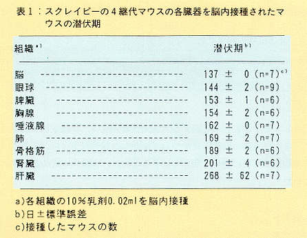 表1 スクレイピーの4継代マウスの各臓器を脳内接種されたマウスの潜伏期