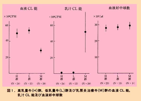 図1 高乳量牛(H)群、低乳量牛(L)群及び乳房炎治療中牛(M)群の血液CL能、乳汁CL能及び血液好中球数