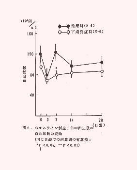 図2.ホルスタイン新生子牛の出生後の白血球数の変動