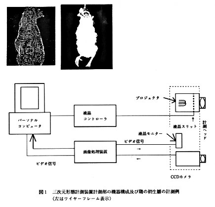 図1 三次元形態計測装置計測部の機器構成及び鶏の初生雛の計測例