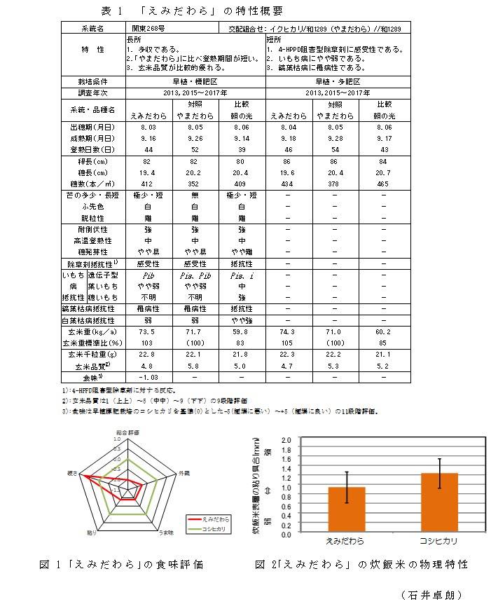 表1 「えみだわら」の特性概要;図1 「えみだわら」の食味評価;図2「えみだわら」の炊飯米の物理特性