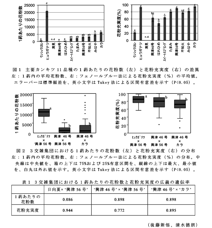 図1 主要カンキツ11品種の1葯あたりの花粉数(左)と花粉充実度(右)の差異?図2 3交雑集団における1葯あたりの花粉数(左)と花粉充実度(右)の分布?表1 3交雑集団における1葯あたりの花粉数と花粉充実度の広義の遺伝率