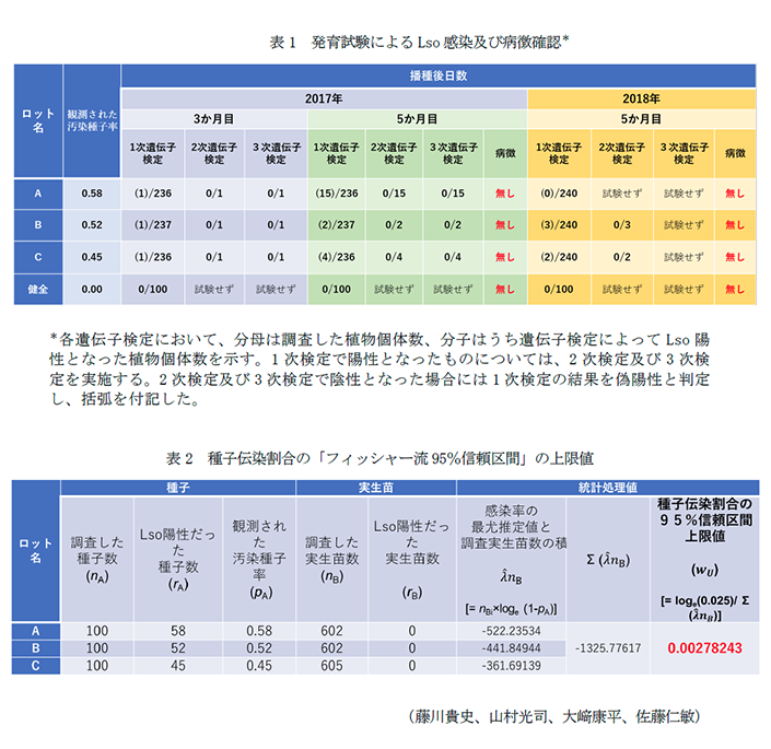 表1 発育試験によるLso感染及び病徴確認,表2 種子伝染割合の「フィッシャー流95%信頼区間」の上限値