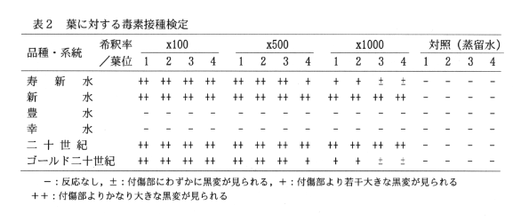 表2.葉に対する毒素接種検定