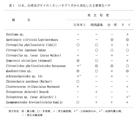 表1.日本、台湾及びタイのミカンハモグリガから羽化した主要寄生バチ