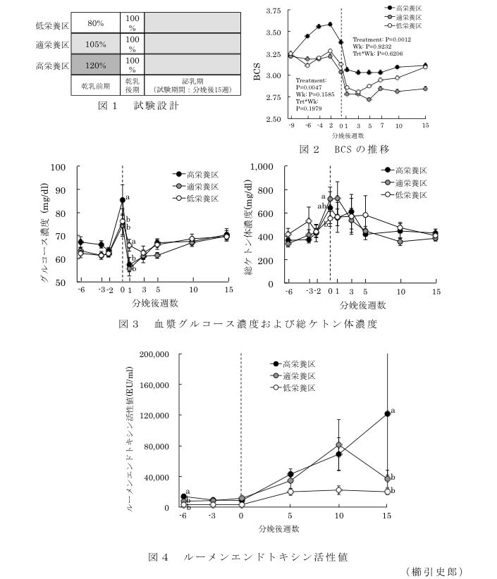 図1 試験設計?図2 BCSの推移?図3 血漿グルコース濃度および総ケトン体濃度?図4 ルーメンエンドトキシン活性値