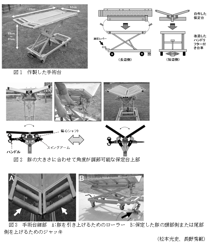 図1 作製した手術台,図2 豚の大きさに合わせて角度が調節可能な保定台上部,図3 手術台細部 A:豚を引き上げるためのローラー B:保定した豚の頭部側または尾部側を上げるためのジャッキ