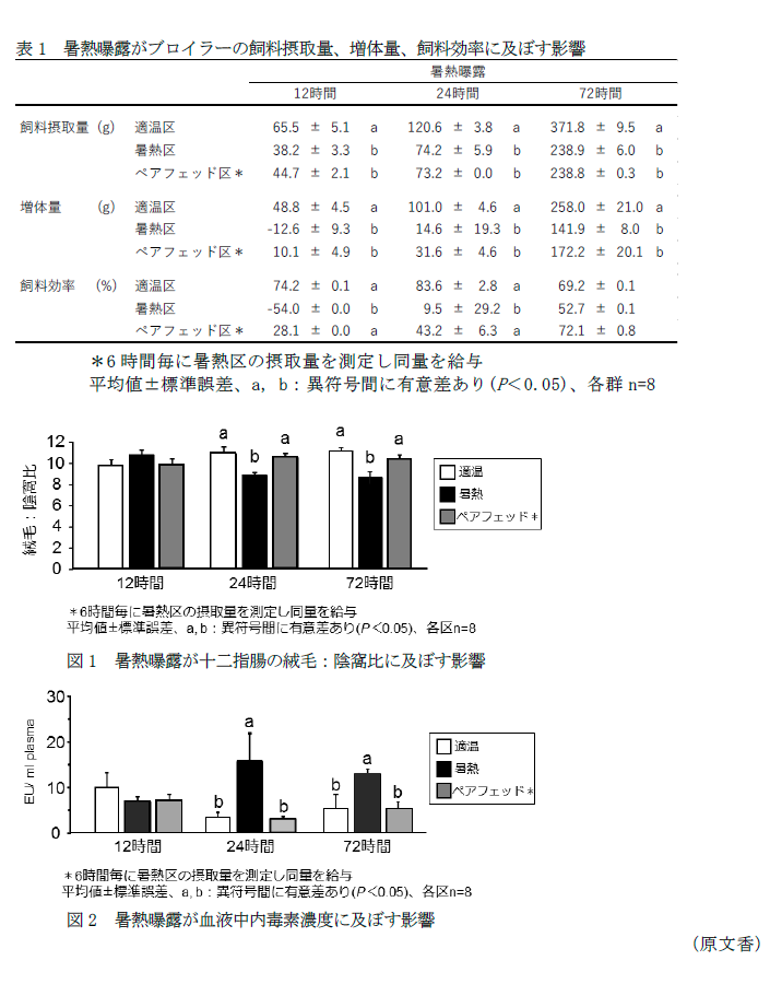 表1 暑熱曝露がブロイラーの飼料摂取量、増体量、飼料効率に及ぼす影響,図1 暑熱曝露が十二指腸の絨毛:陰窩比に及ぼす影響,図2 暑熱曝露が血液中内毒素濃度に及ぼす影響
