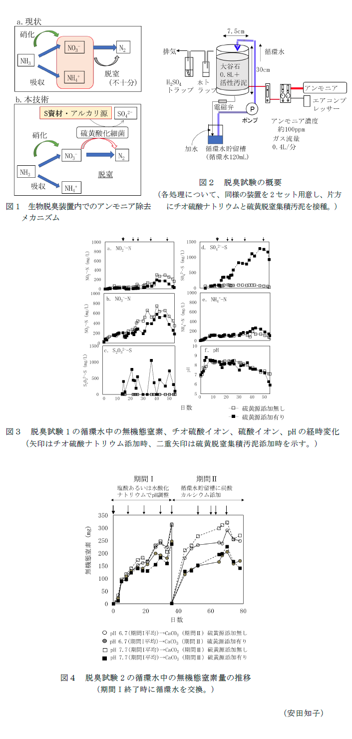 図1 生物脱臭装置内でのアンモニア除去にチオ硫酸ナトリウムと硫黄脱窒集積汚泥を接種,図2 脱臭試験の概要,図3 脱臭試験1の循環水中の無機態窒素、チオ硫酸イオン、硫酸イオン、pHの経時変化,図4 脱臭試験2の循環水中の無機態窒素量の推移