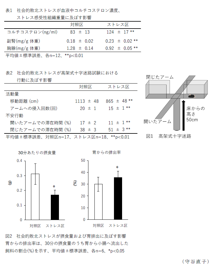 表1 社会的敗北ストレスが血液中コルチコステロン濃度、ストレス感受性組織重量に及ぼす影響,表2 社会的敗北ストレスが高架式十字迷路試験における行動に及ぼす影響,図1 高架式十字迷路,図2 社会的敗北ストレスが摂食量および胃排出に及ぼす影響