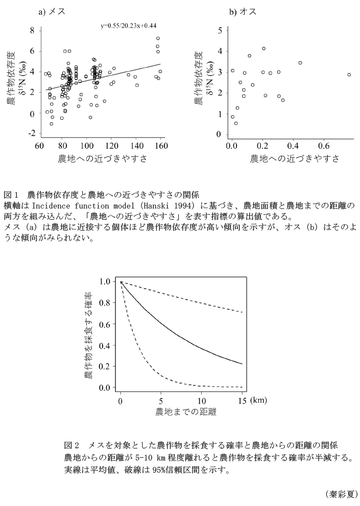 図1 農作物依存度と農地への近づきやすさの関係,図2 メスを対象とした農作物を採食する確率と農地からの距離の関係