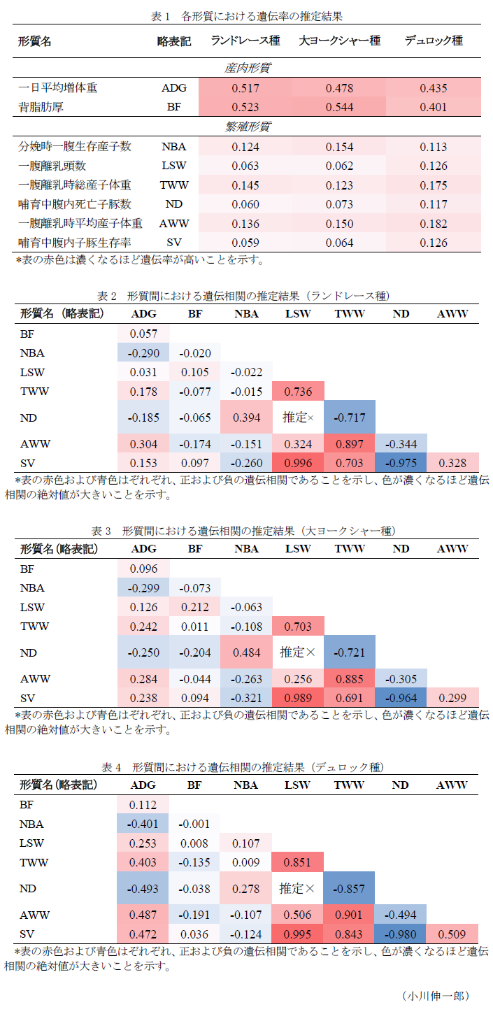 表1 各形質における遺伝率の推定結果,表2 形質間における遺伝相関の推定結果(ランドレース種),表3 形質間における遺伝相関の推定結果(大ヨークシャー種),表4 形質間における遺伝相関の推定結果(デュロック種)