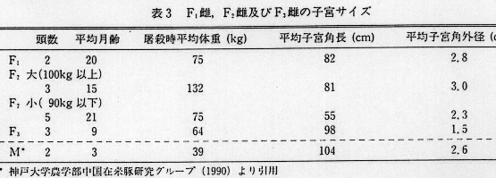 表3.F1雌、F2雌及びF3雌の子宮サイズ
