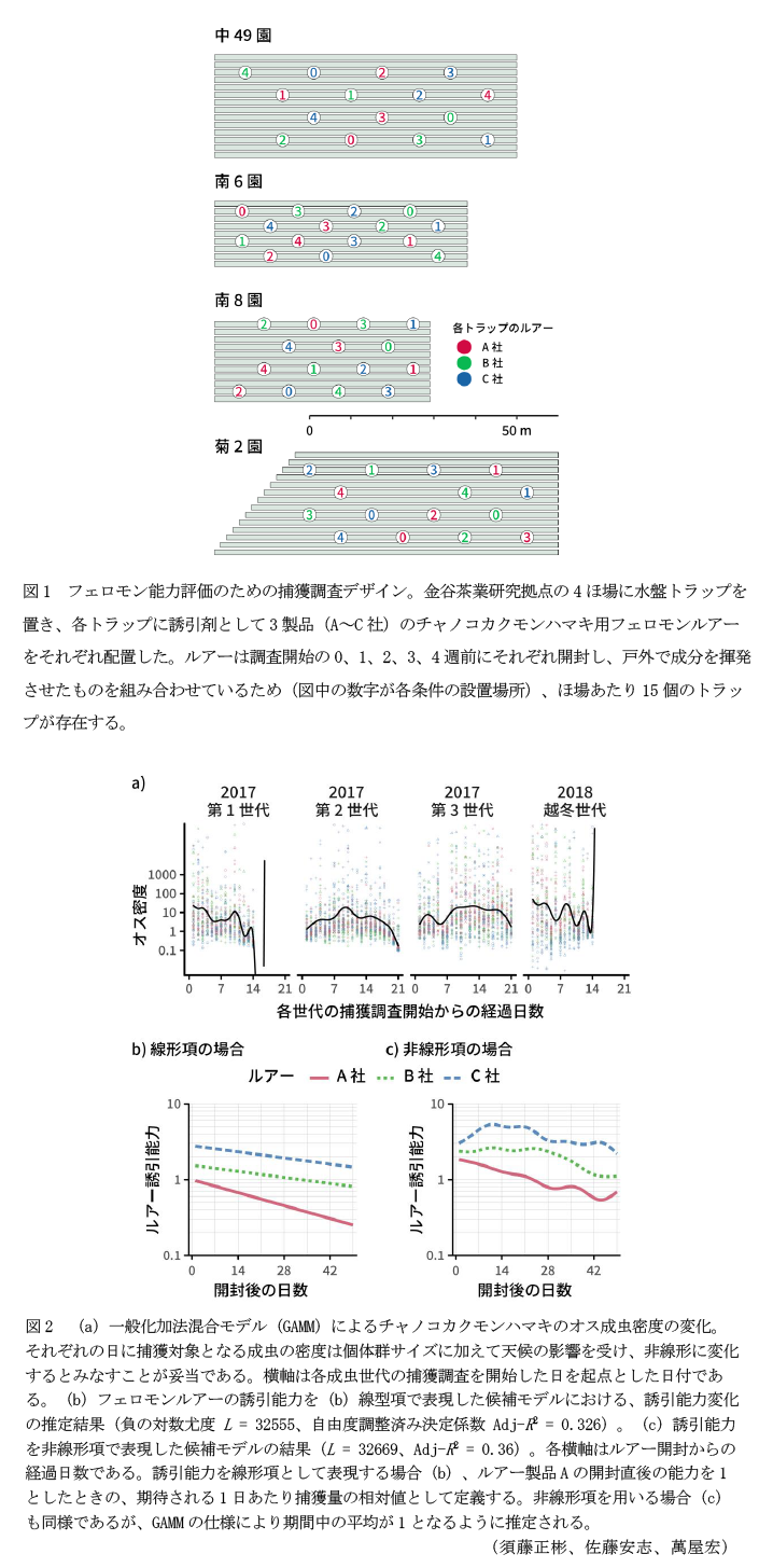 図1 フェロモン能力評価のための捕獲調査デザイン。,図2 (a)一般化加法混合モデル(GAMM)によるチャノコカクモンハマキのオス成虫密度の変化。 (b)フェロモンルアーの誘引能力を(b)線型項で表現した候補モデルにおける、誘引能力変化の推定結果。 (c)誘引能力を非線形項で表現した候補モデルの結果。