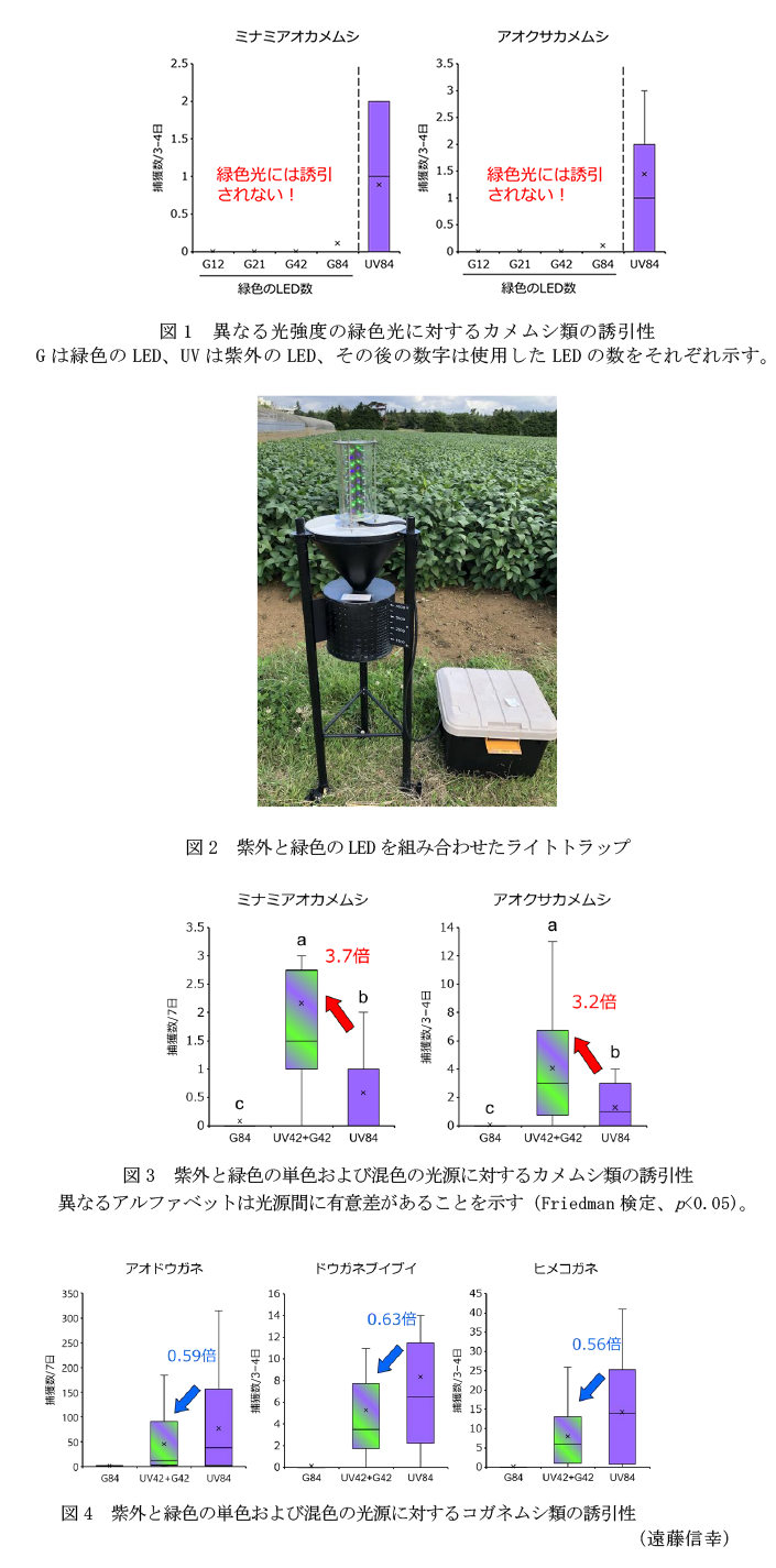 図1 異なる光強度の緑色光に対するカメムシ類の誘引性,図1 異なる光強度の緑色光に対するカメムシ類の誘引性,図3 紫外と緑色の単色および混色の光源に対するカメムシ類の誘引性,図4 紫外と緑色の単色および混色の光源に対するコガネムシ類の誘引性