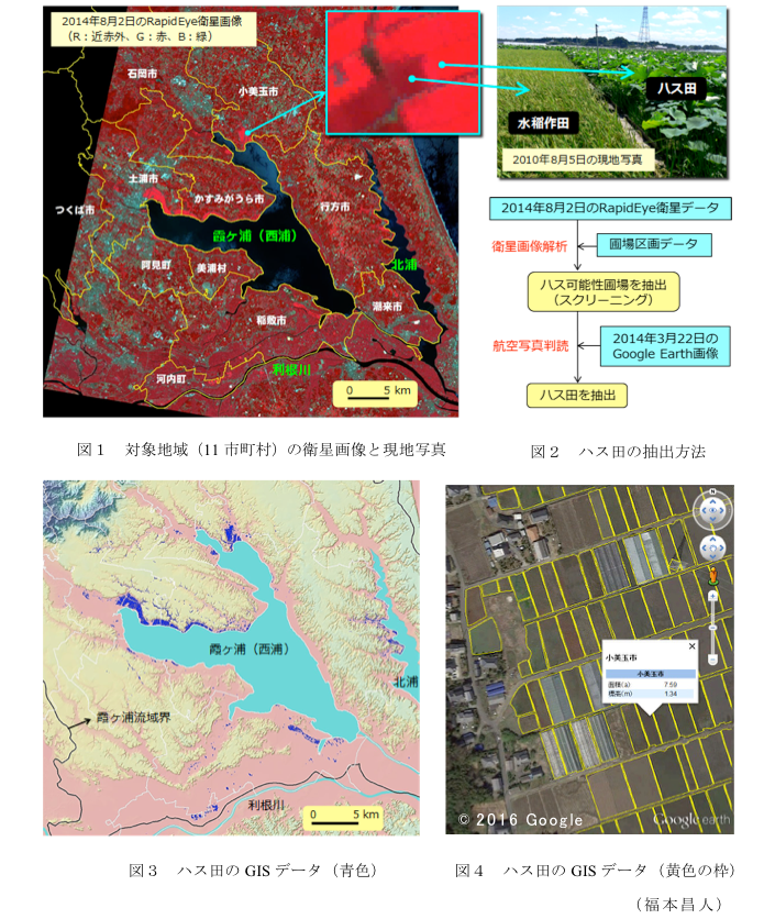 図1 対象地域(11市町村)の衛星画像と現地写真?図2 ハス田の抽出方法?図3 ハス田のGISデータ(青色)?図4 ハス田のGISデータ(黄色の枠)