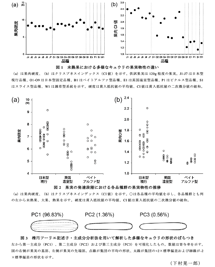 図1 未熟果における多様なキュウリの果実物性の違い?図2 果実の発達段階における各品種群の果実物性の推移?図3 楕円フーリエ記述子・主成分分析法を用いて解析した多様なキュウリの形状のばらつき