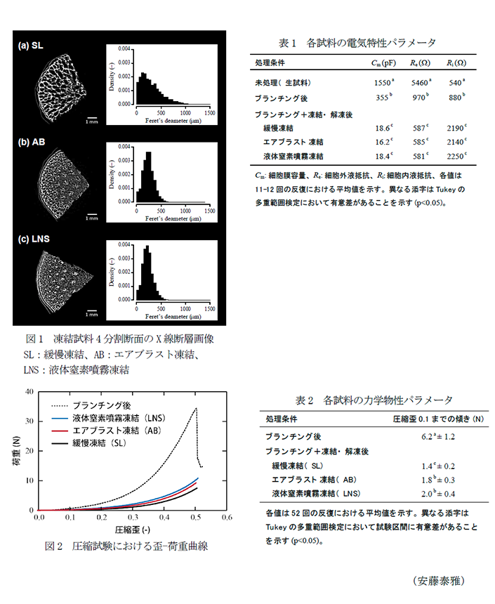 図1 凍結試料4分割断面のX線断層画像,図2 圧縮試験における歪-荷重曲線,表1 各試料の電気特性パラメータ,表2 各試料の力学物性パラメータ