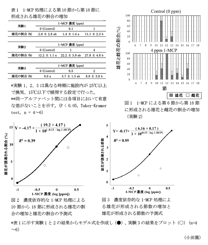 表1 1-MCP処理による第10節から第18節に形成される雄花の割合の増加,図1 1-MCPによる第6節から第18節に形成される雄花と雌花の割合の増加,図2 濃度依存的な1-MCP処理による10節から18節に形成される雄花の割合の増加と雄花の割合の予測式,図3 濃度依存的な1-MCP処理による雄花が形成される節数の増加と雄花が形成される節数の予測式