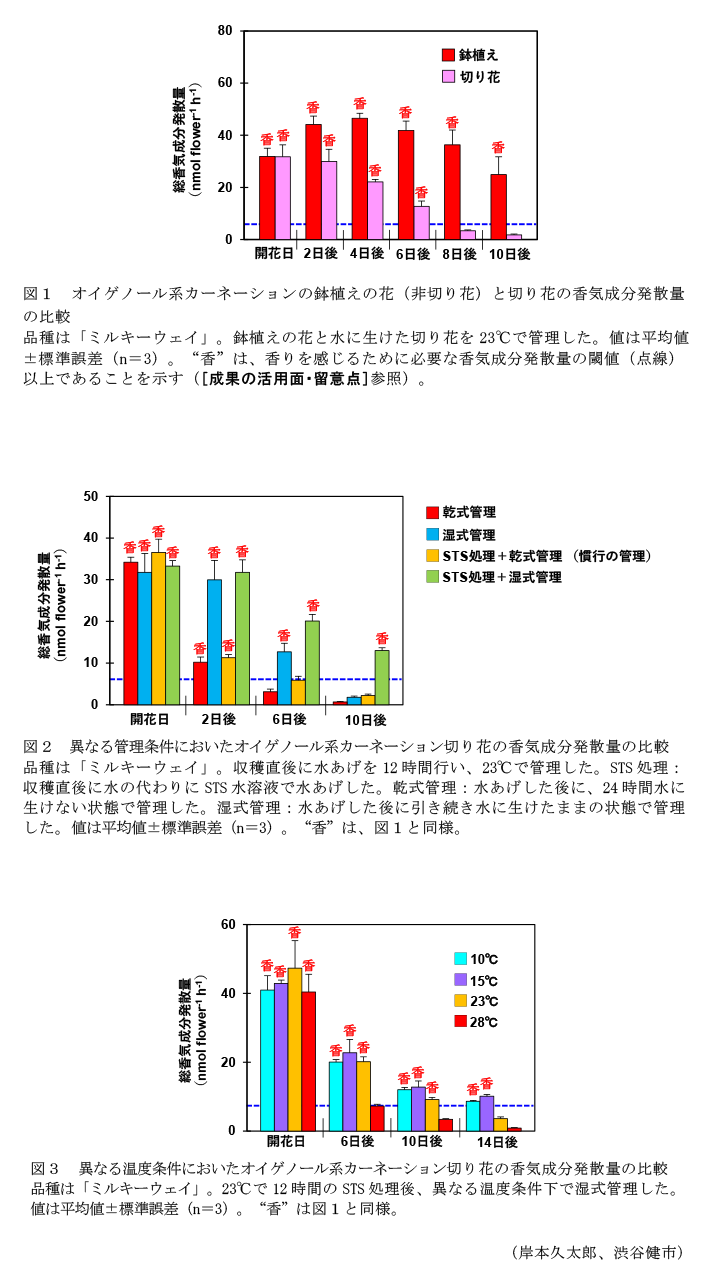 図1 オイゲノール系カーネーションの鉢植えの花(非切り花)と切り花の香気成分発散量の比較,図2 異なる管理条件においたオイゲノール系カーネーション切り花の香気成分発散量の比較,図3 異なる温度条件においたオイゲノール系カーネーション切り花の香気成分発散量の比較