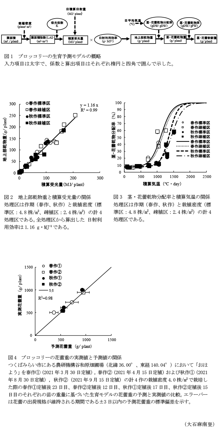 図1 ブロッコリーの生育予測モデルの概略,図2 地上部乾物重と積算受光量の関係,図3 茎・花蕾乾物分配率と積算気温の関係,図4 ブロッコリーの花蕾重の実測値と予測値の関係