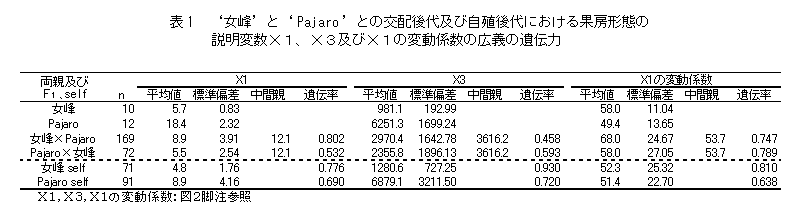 表1 '女峰'と'Pajaro'との交配後代および自殖後代における果房形態の説明変数×1、×3および×1の変動係数の広義の遺伝力