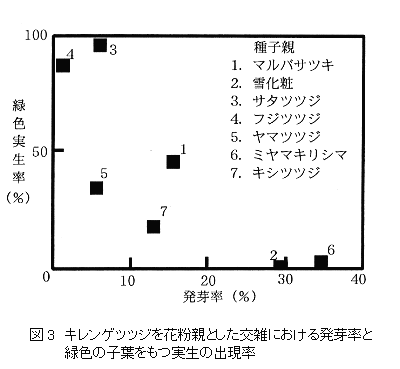 図3 キレンゲツツジを花粉親とした交雑における発芽率と緑色の子葉をもつ実生の出現率