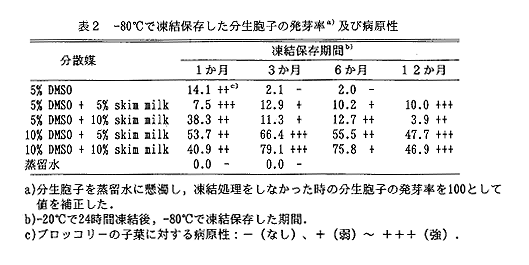 表2 -80°Cで凍結保存した分生胞子の発芽率及び病原性