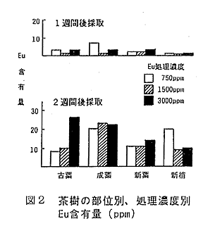 図2 茶樹の部位別、処理濃度別Eu含有量