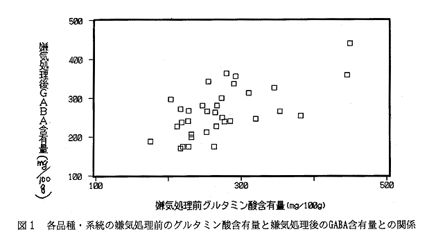 図1 各品種・系統の嫌気処理前のグルタミン酸含有量と嫌気処理後のGABA含有量との関係