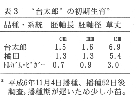 表3.'台太郎'の初期生育