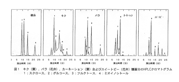 図1.キク(葉)、バラ(花弁)、カーネーション(葉)およびスイートピー(花弁)糖画分のHPLCクロマトグラム