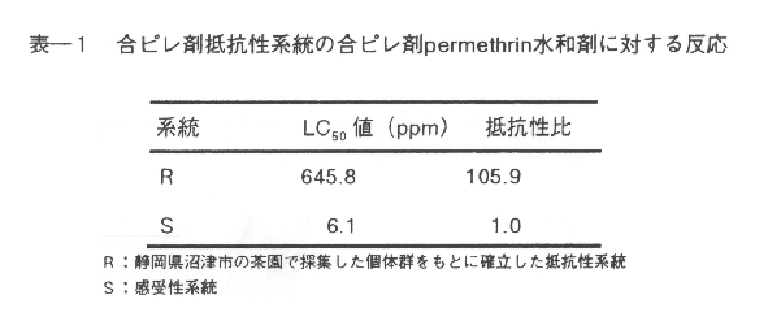 表1.合ピレ剤抵抗性系統の合ピレ剤permethrin水和剤に対する反応