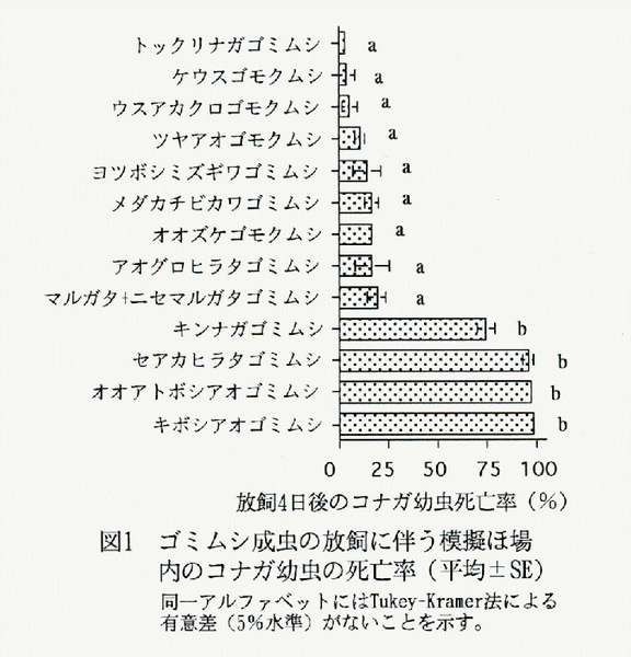 図1 ゴミムシ成虫の放飼いに伴う模擬ほ場内のコナガ葉中の死亡率