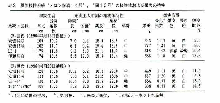 表2 短側枝性系統'メロン安濃14号'、'同15号'の植物体および果実の特性