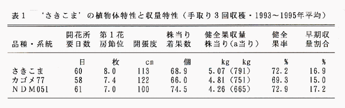 表1 'さきこま'の植物体特性と収量特性