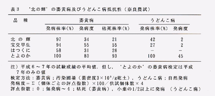 表3 '北の輝'の萎黄病及びうどんこ病抵抗性